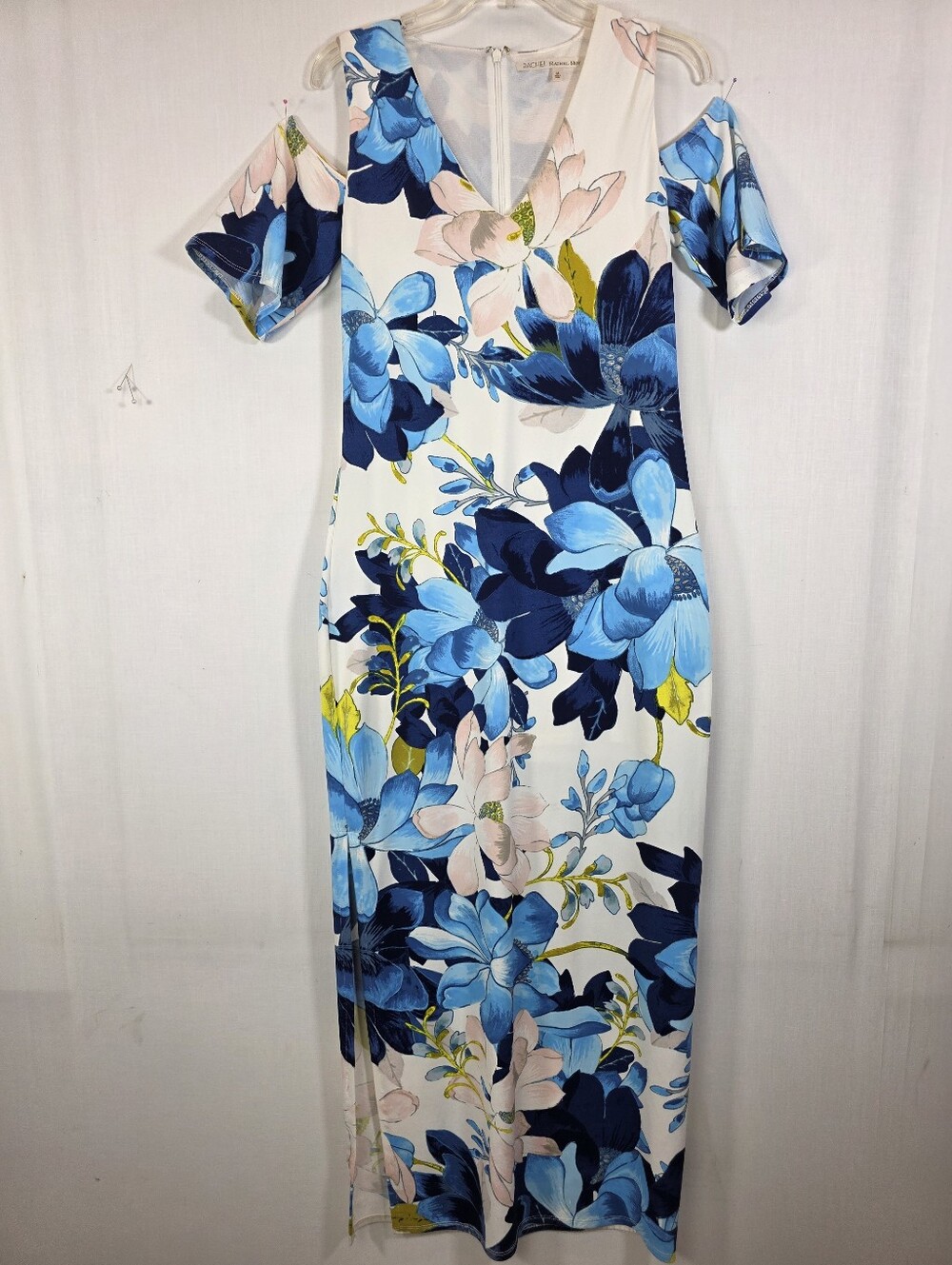 Rachel Roy Floral Cold Shoulder Maxi Dress White Blue M
